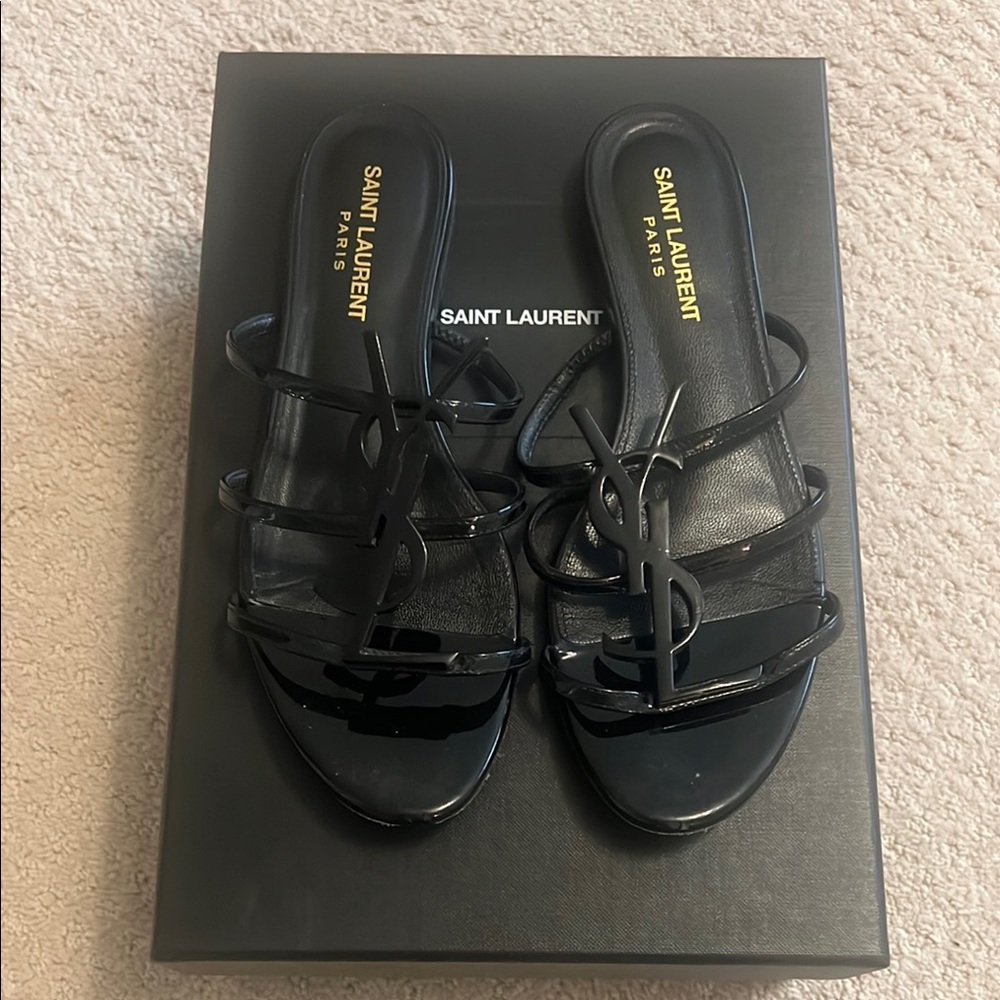 Saint Laurent Black Patent Cassandre Slide Sandals